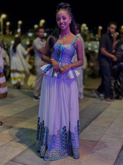 Stylish Cultural Habesha Kemis Sleeveless Habesha Dress Woven Green Details Ethiopian Clothing 550