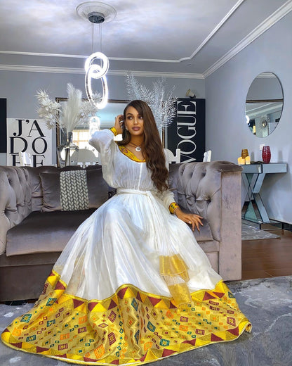Traditional Ethiopian Dress Featuring Authentic Handwoven Habesha Kemis Yellow Border Habesha Dress 556