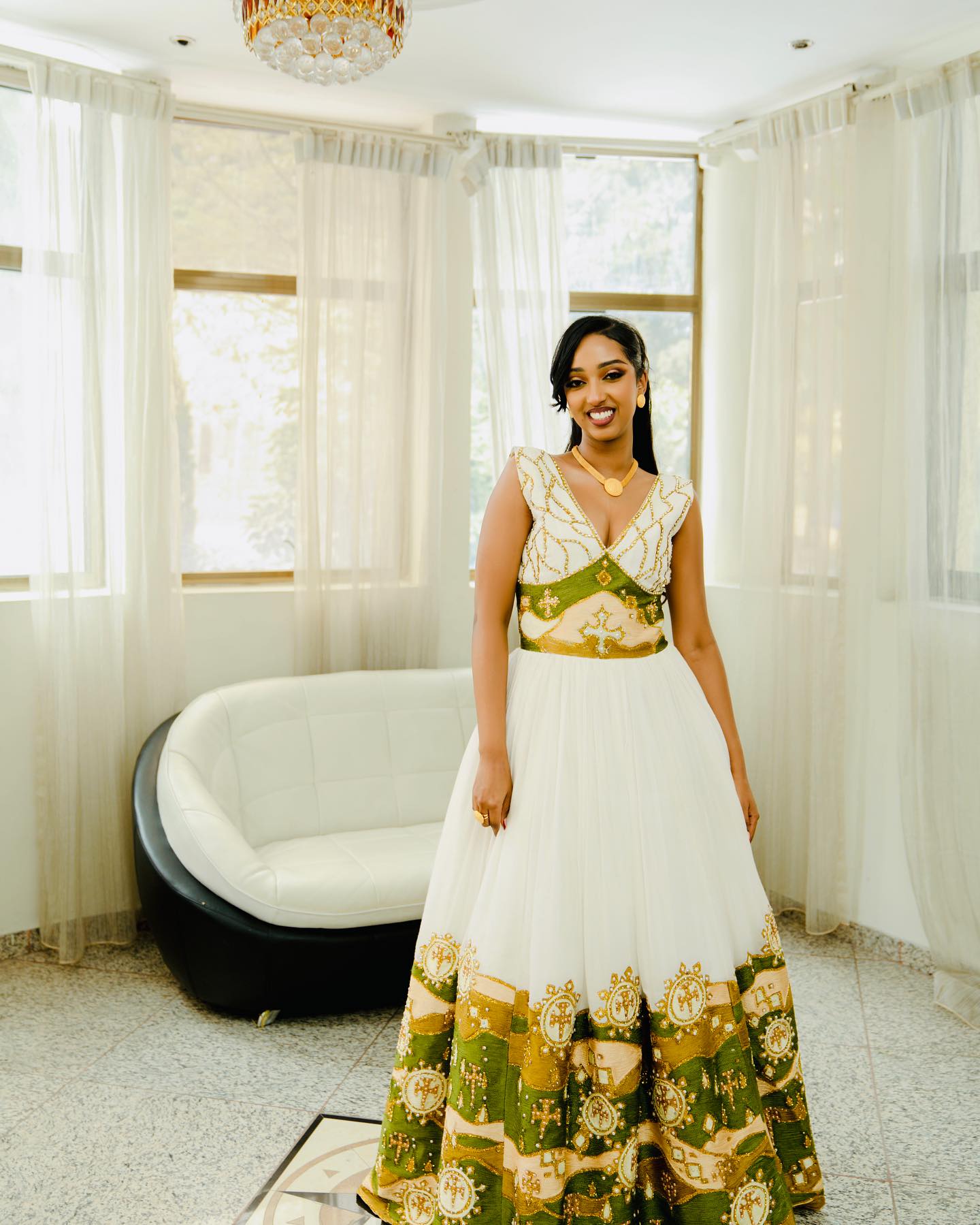 Traditional Ethiopian Wedding Habesha Kemis with Green & Gold Details