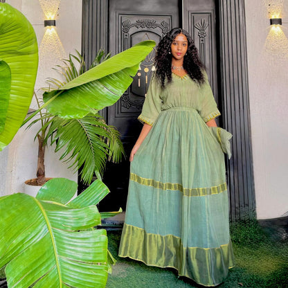 Green Habesha Dress Traditional Ethiopian and Eritrean Clothing Stylish Habesha Kemis 569
