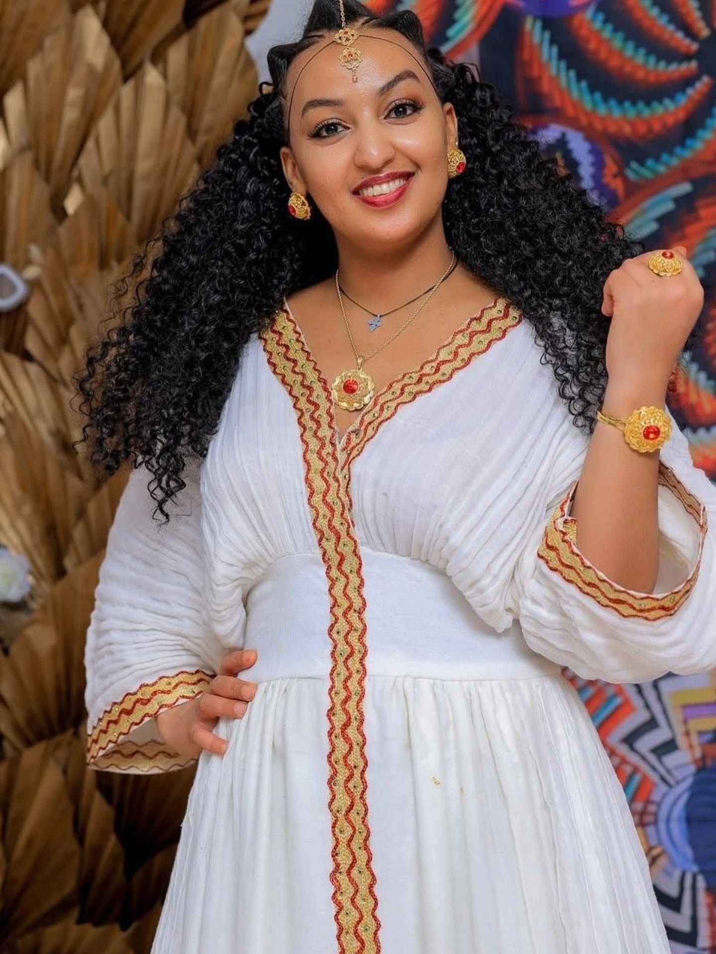 Timeless Habesha Kemis Red and Gold Handwoven Detail Habesha Dress V-neckline Ethiopian Dress 571