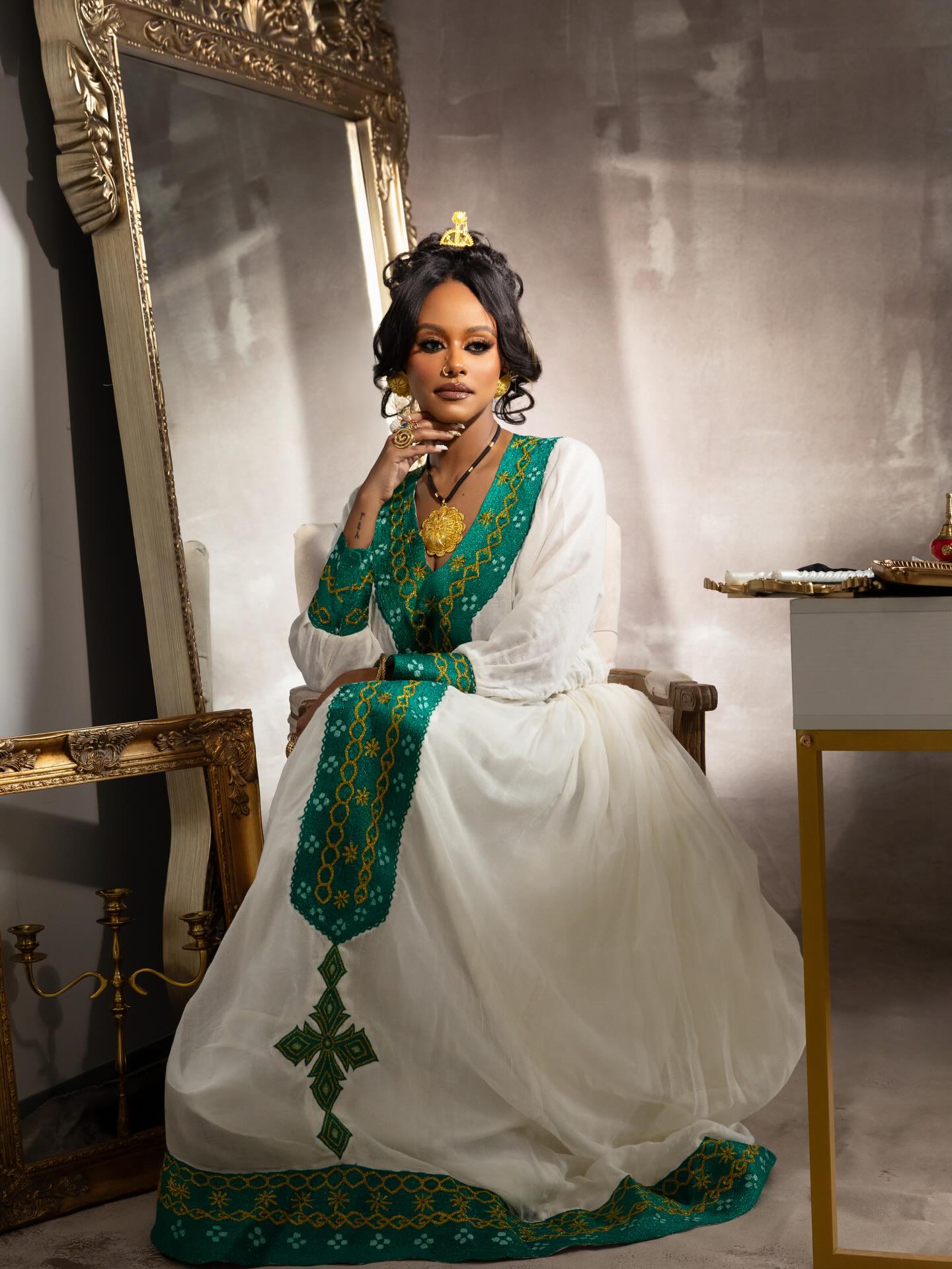 Traditional Ethiopian Dress White Habesha Dress with Green Accent Long Sleeve Habesha Kemis 582