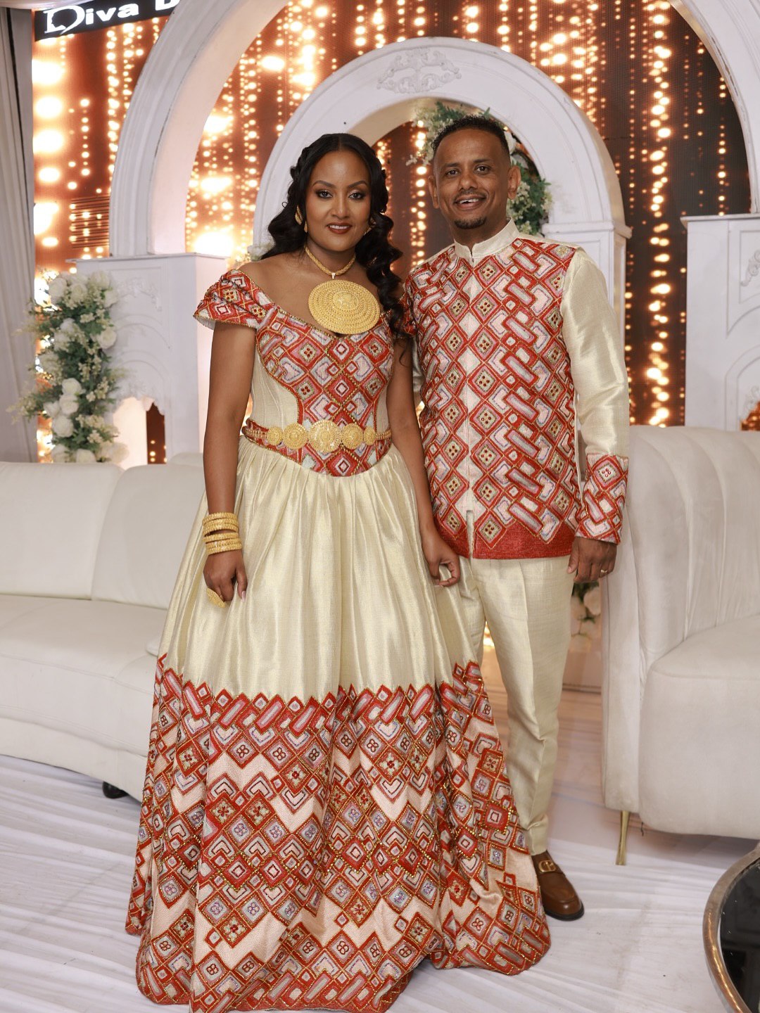 Habesha Couple Outfit Ethiopian Traditional Dress and Men's Shirt Set Matching Ethiopian Traditional Clothing 587