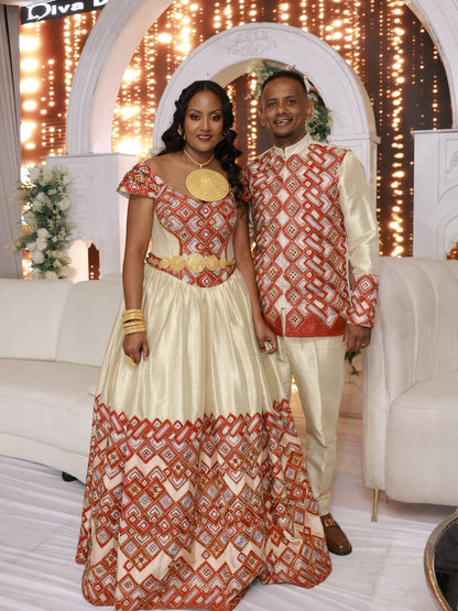Habesha Couple Outfit Ethiopian Traditional Dress and Men's Shirt Set Matching Ethiopian Traditional Clothing 587