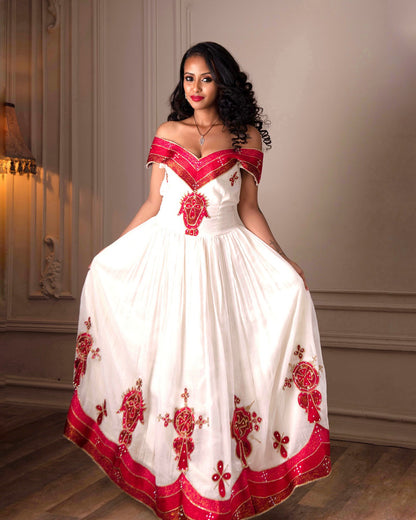 Red Embroidery Off-Shoulder Habesha Dress