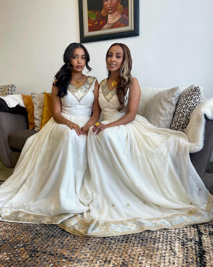 White Sleeveless Habesha Kemis Gold Embroidery Habesha Dress Beautiful Ethiopian Dress 595