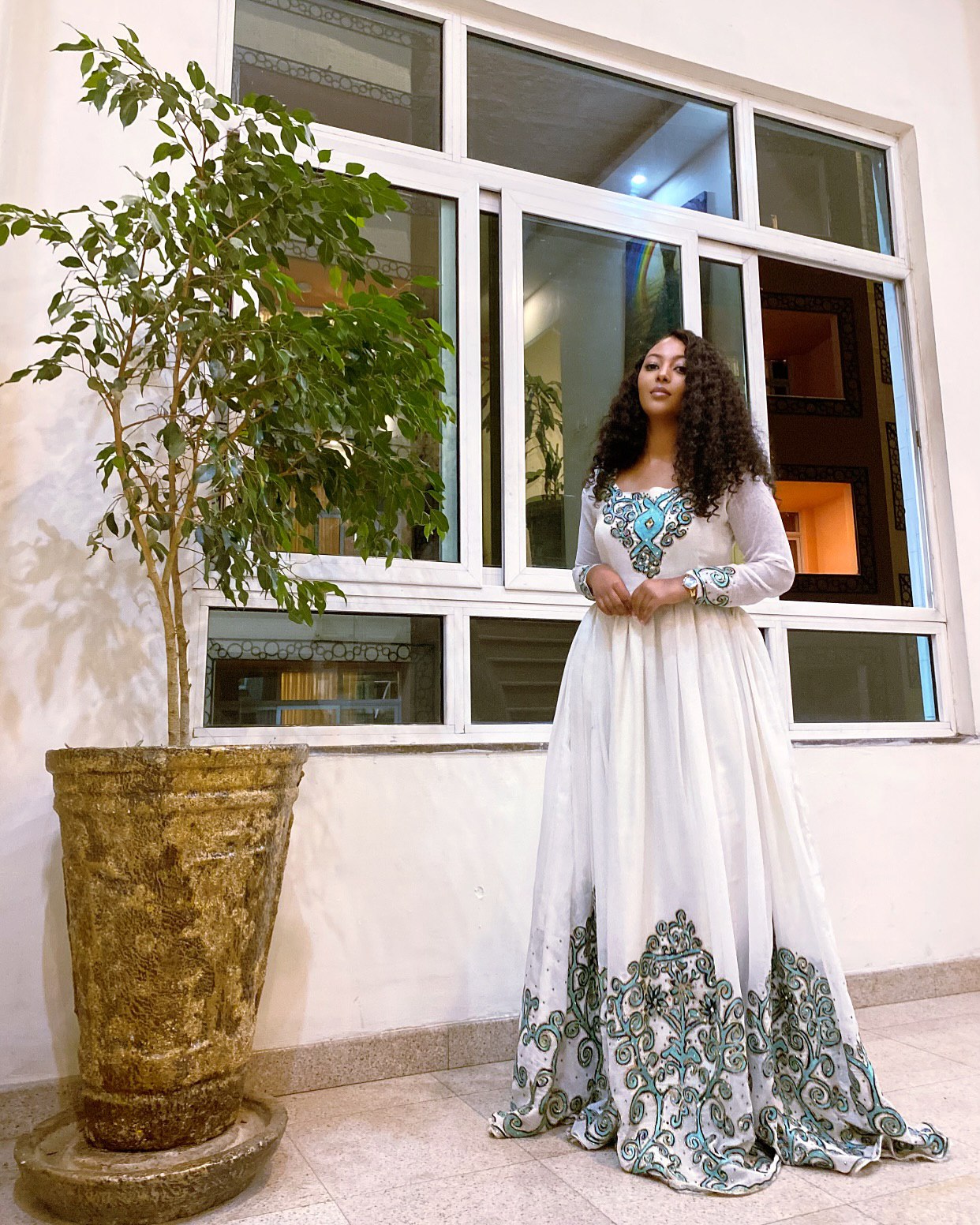 White Habesha Kemis Green Embroidery Habesha Dress  Long Sleeve Traditional Ethiopian Dress 596