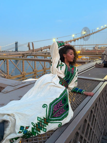 Green and Pink Embroidered Habesha Kemis Long Sleeve Habesha Dress Timeless Ethiopian Clothing 597