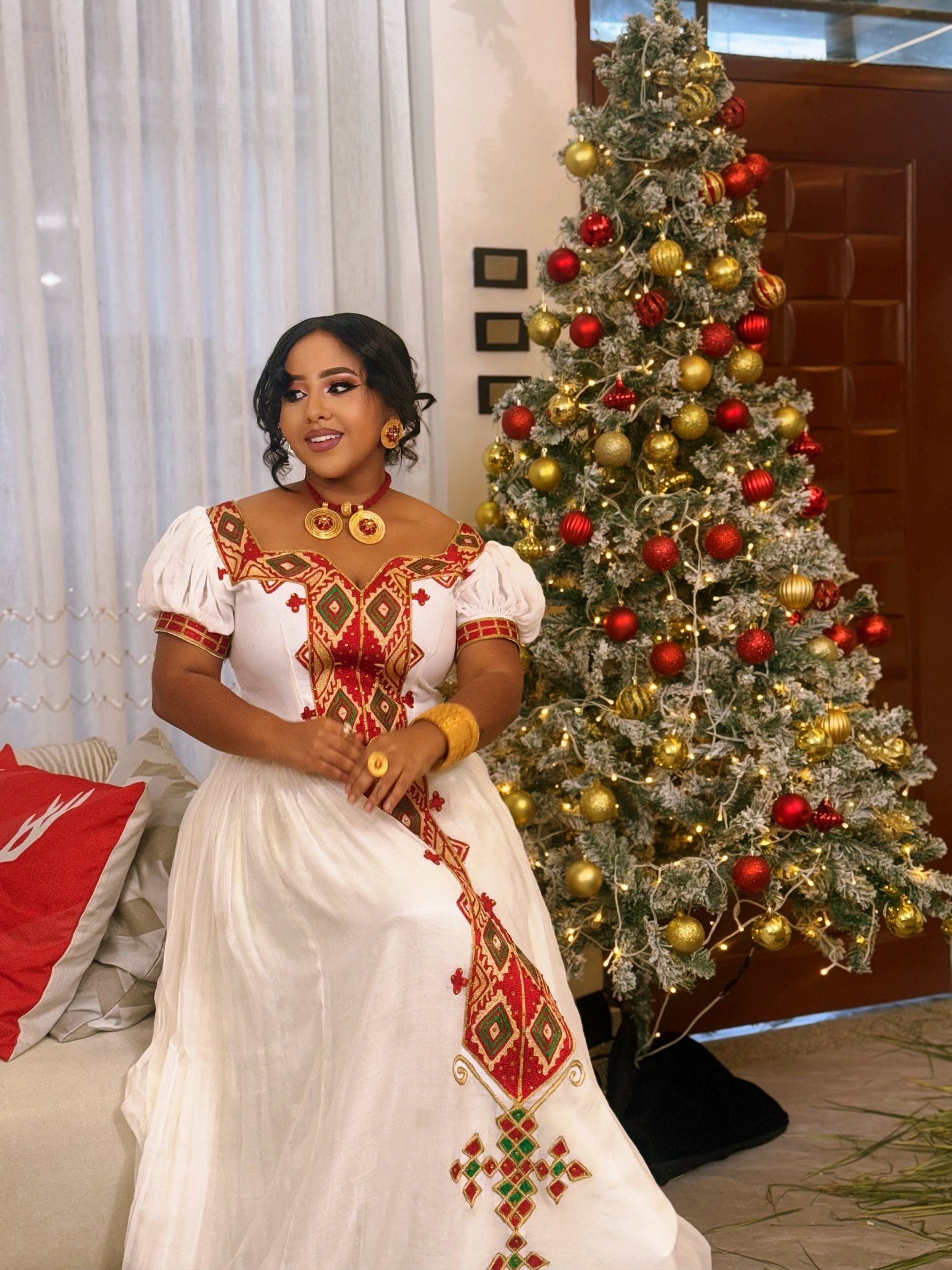 Red Embroidery Ethiopian Clothing Off-shoulder Habesha Kemis Graceful Habesha Dress 600
