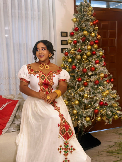 Red Embroidery Ethiopian Clothing Off-shoulder Habesha Kemis Graceful Habesha Dress 600