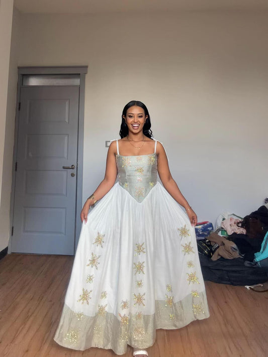 Sleeveless Habesha Dress with Gold Embroidery