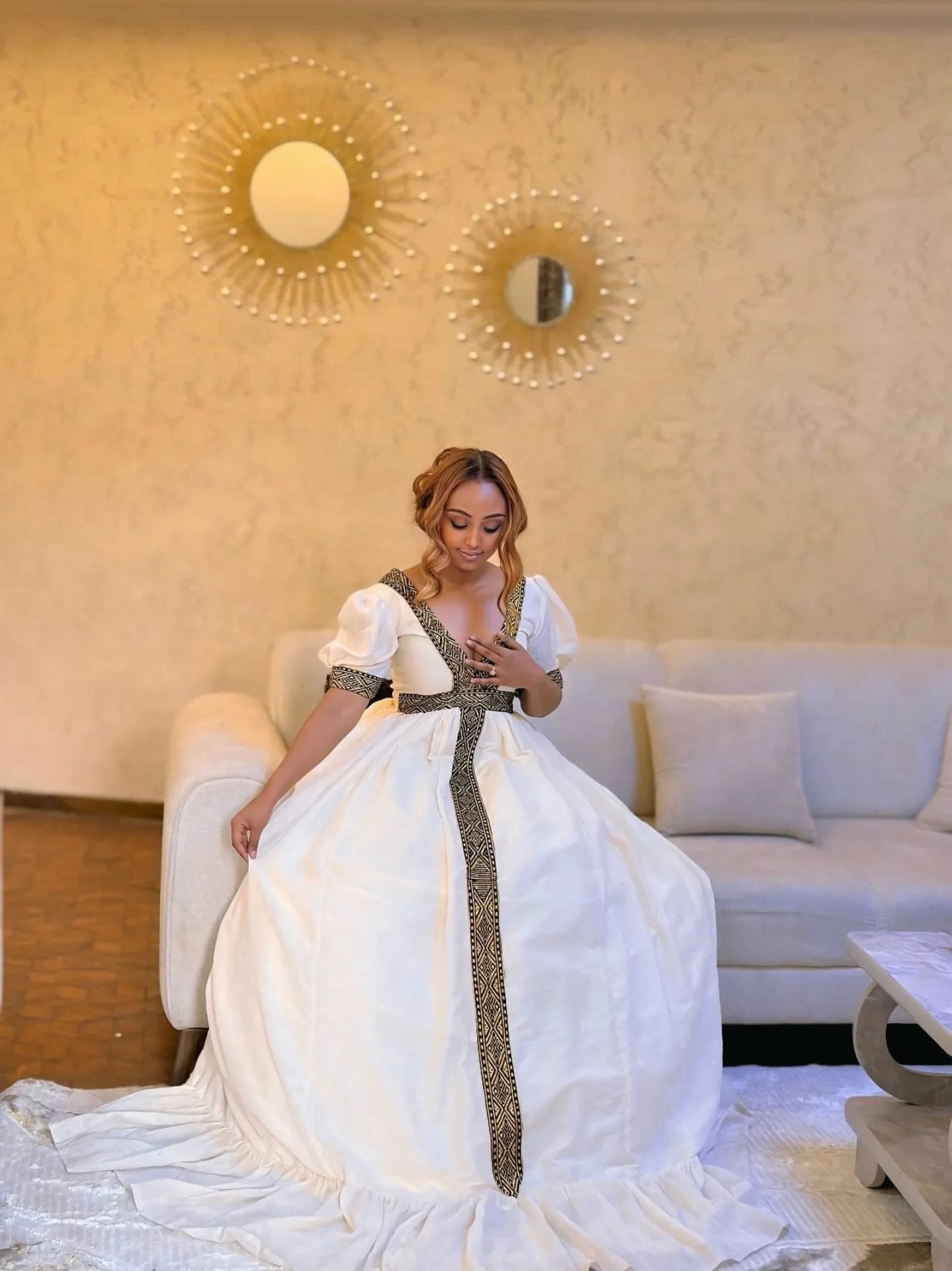 Short Sleeve Ethiopian Clothing Black Embroidery Habesha Dress V-neckline Habesha Kemis 604