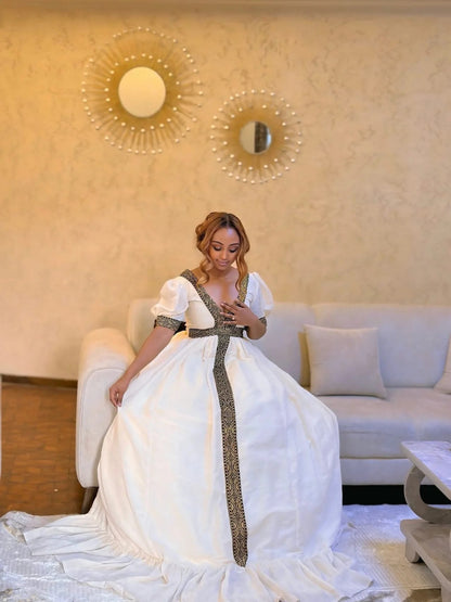 Short Sleeve Ethiopian Clothing Black Embroidery Habesha Dress V-neckline Habesha Kemis 604