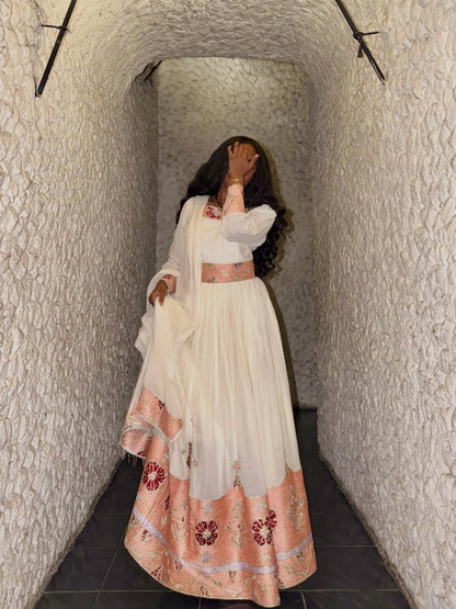 Traditional Habesha Kemis Ethiopian Traditional Dress Long Sleeve Habesha Dress with Traditional Woven Embroidery 619