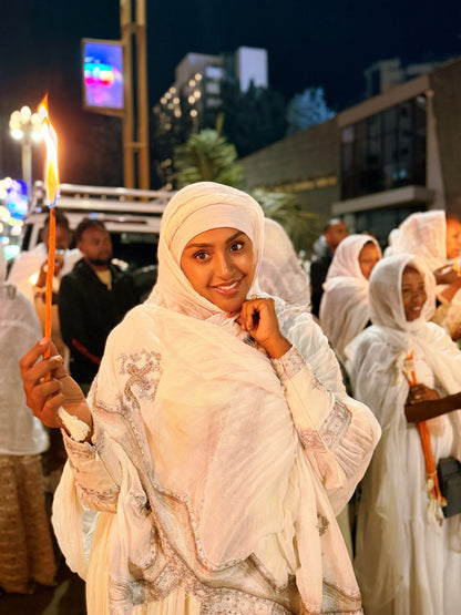 Traditional Ethiopian Clothing White Habesha Kemis Cross Embroidery Habesha Dress For Event 624