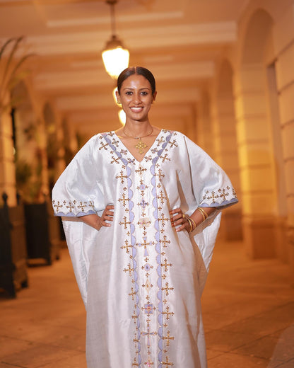 White Habesha Kemis With Cross Embroidery Timeless Habesha Dress Eritrean And Ethiopian Clothing Style 627