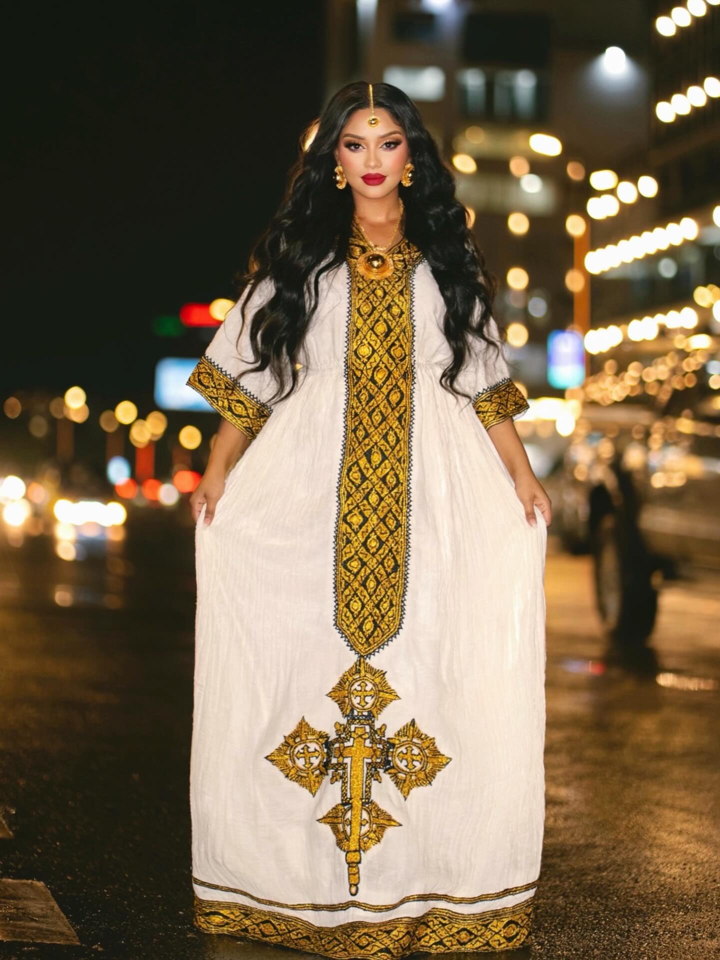 Golden Habesha Dress Cross Embroidery Charming Ethiopian Kemis