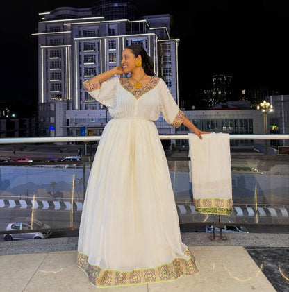 Pink and Green Habesha Dress Traditional Ethiopian Clothing Style Habesha Kemis For Festive 657