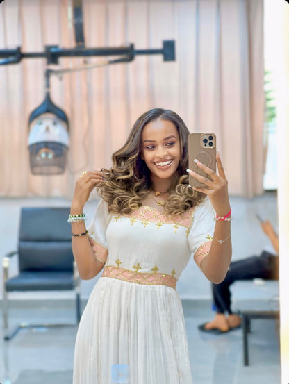 Pink Embroidery Habesha Kemis Short Sleeve Habesha Dress Traditional Ethiopian Dress For Festive 665