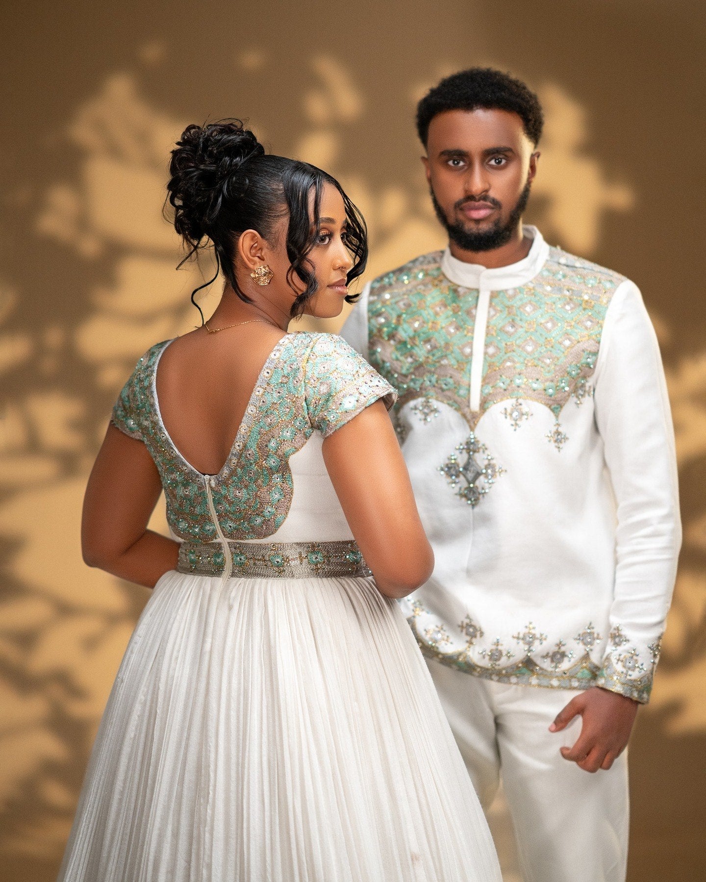 Elegant Habesha Couple Outfit Mint Green Embroidery Ethiopian Clothing Matching Habesha Outfit 671
