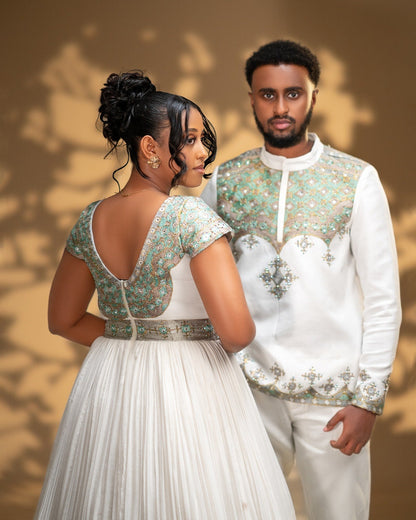 Elegant Habesha Couple Outfit Mint Green Embroidery Ethiopian Clothing Matching Habesha Outfit 671