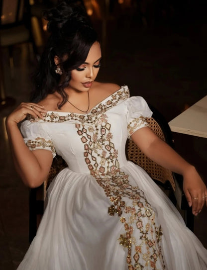 Off-Shoulder Habesha Dress  Golden Embroidery Habesha Kemis Short Sleeve Ethiopian Wedding Dress 674