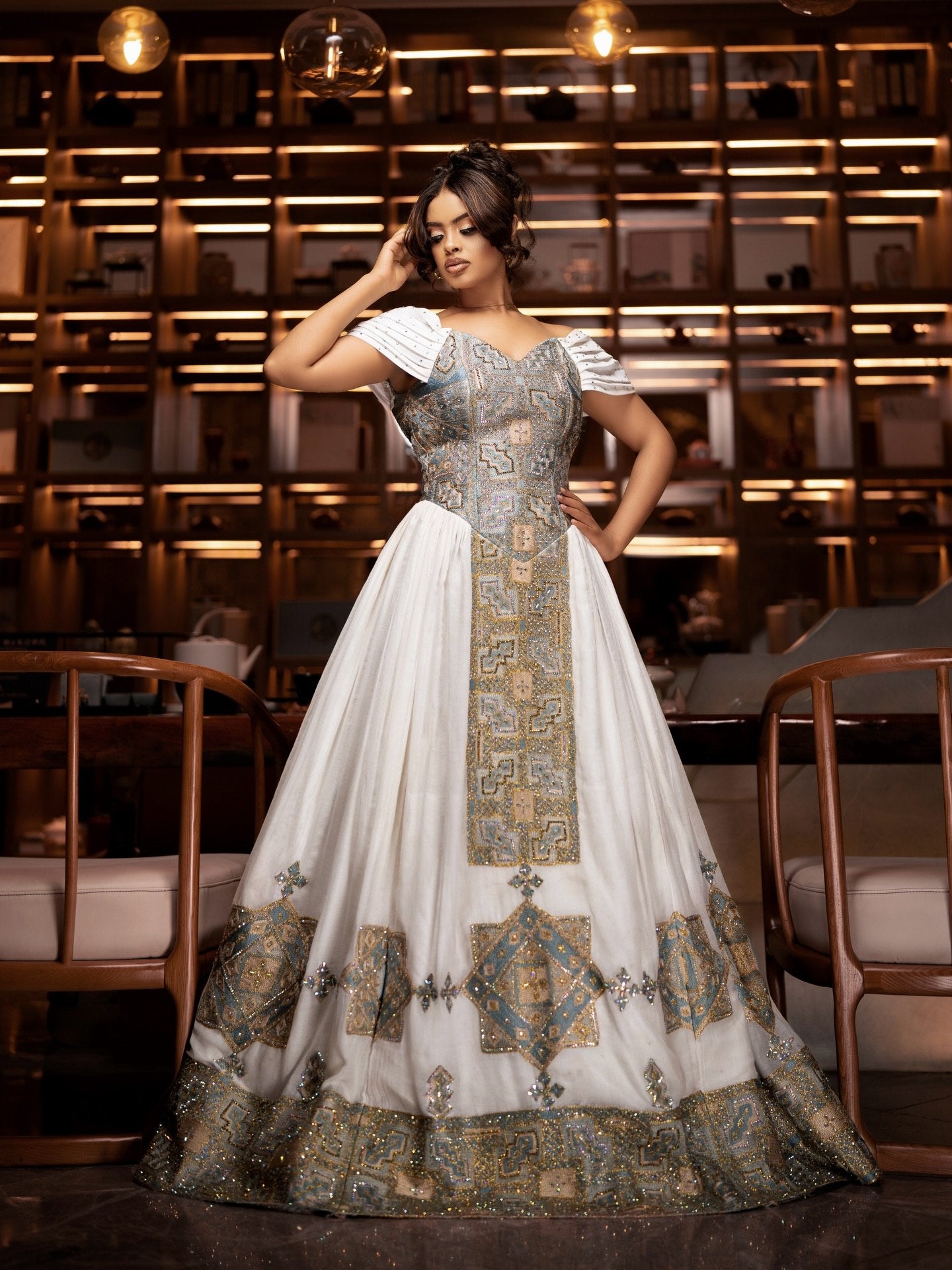 Luxurious Off-Shoulder Ethiopian Wedding Dress Habesha Kemis For Wedding Graceful Embroidery Habesha Dress 675