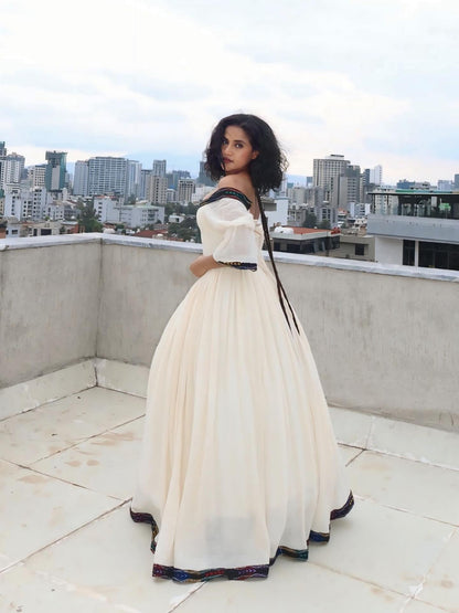 Off-Shoulder Habesha Dress Multicolor Woven Design Habesha Kemis Stylish Ethiopian Clothing 677