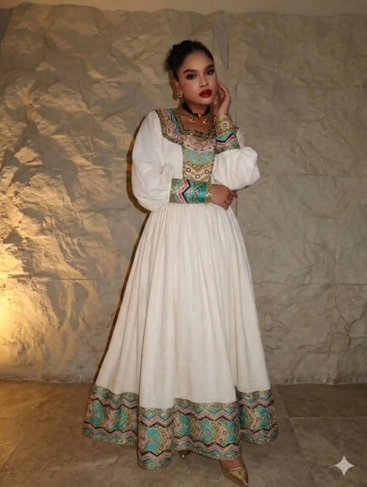 Long Sleeve Habesha Dress with Multicolor Embroidery