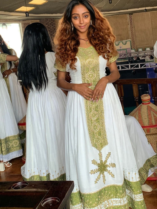 Short Sleeve Green Embroidery Habesha Dress Ethiopian Dress