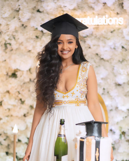 Habesha Dress For Special Event White Habesha Kemis with Gold Embroidery V-neckline Eritrean And Ethiopian Dress 692