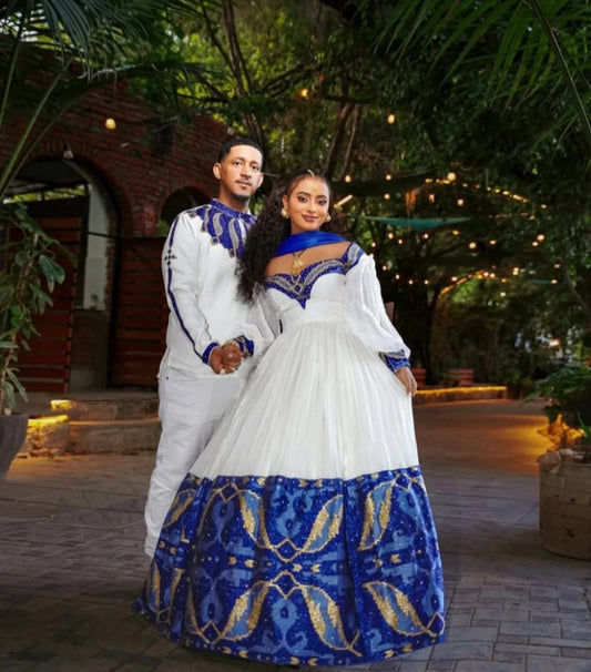 Royal Blue Matching Habesha Couple Outfit