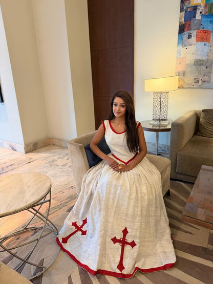 Sleeveless Habesha Dress with Red Embroidery Ethiopian Clothing For Festive Cross Design Habesha Kemis 697