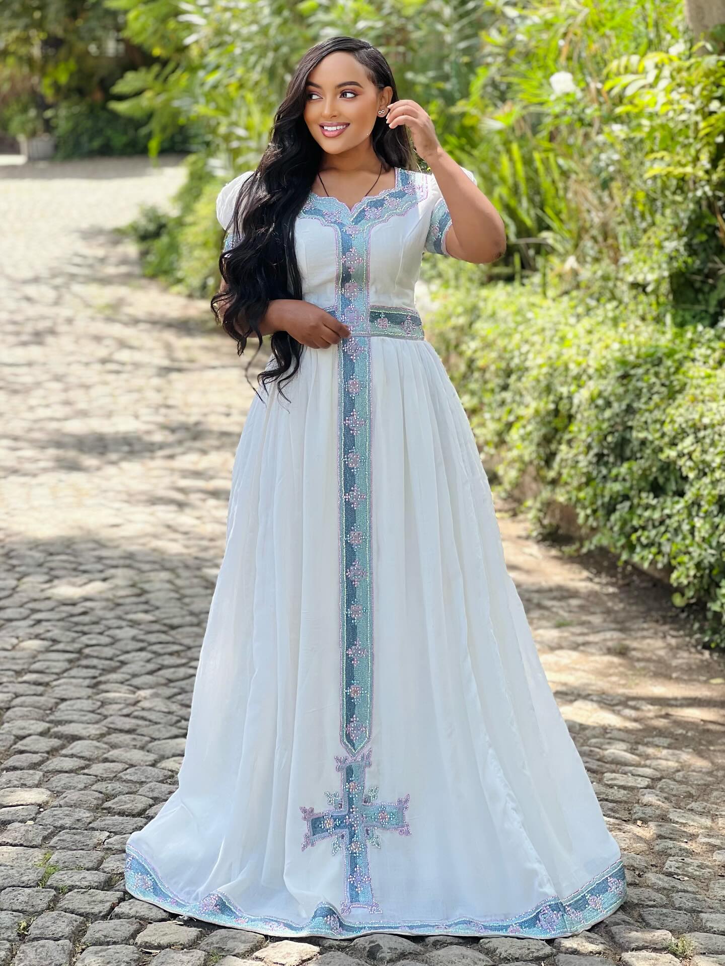 Short Sleeve Habesha Dress Teal Embroidery Habesha Kemis  Timeless Ethiopian Dress 698