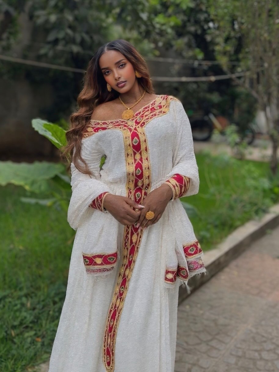 Red and Golden Habesha Kemis Long Sleeve Ethiopian Clothing  Traditional Habesha Dress 700