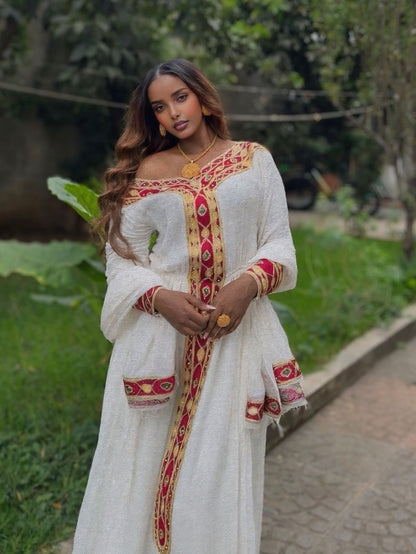 Red and Golden Habesha Kemis Long Sleeve Ethiopian Clothing  Traditional Habesha Dress 700