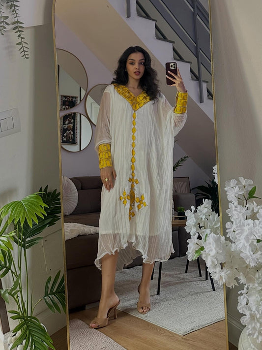 White Habesha Kemis with Golden Embroidery Ethiopian Traditional Dress
