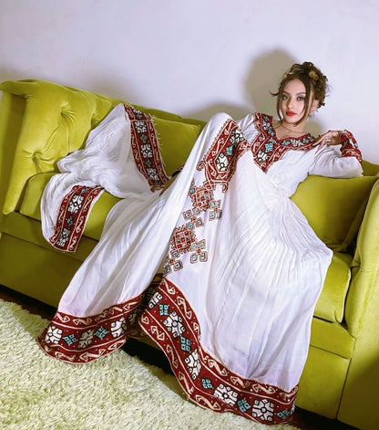 Ethiopian Traditional Dress Stylish Habesha Dress Red Embroidery And Long Sleeve Habesha Kemis 702
