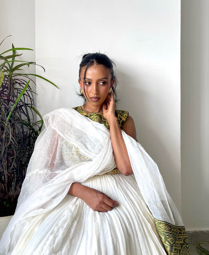 Green and Yellow Woven Habesha Dress Sleeveless Habesha Kemis Classic Ethiopian Cultural Dress 705