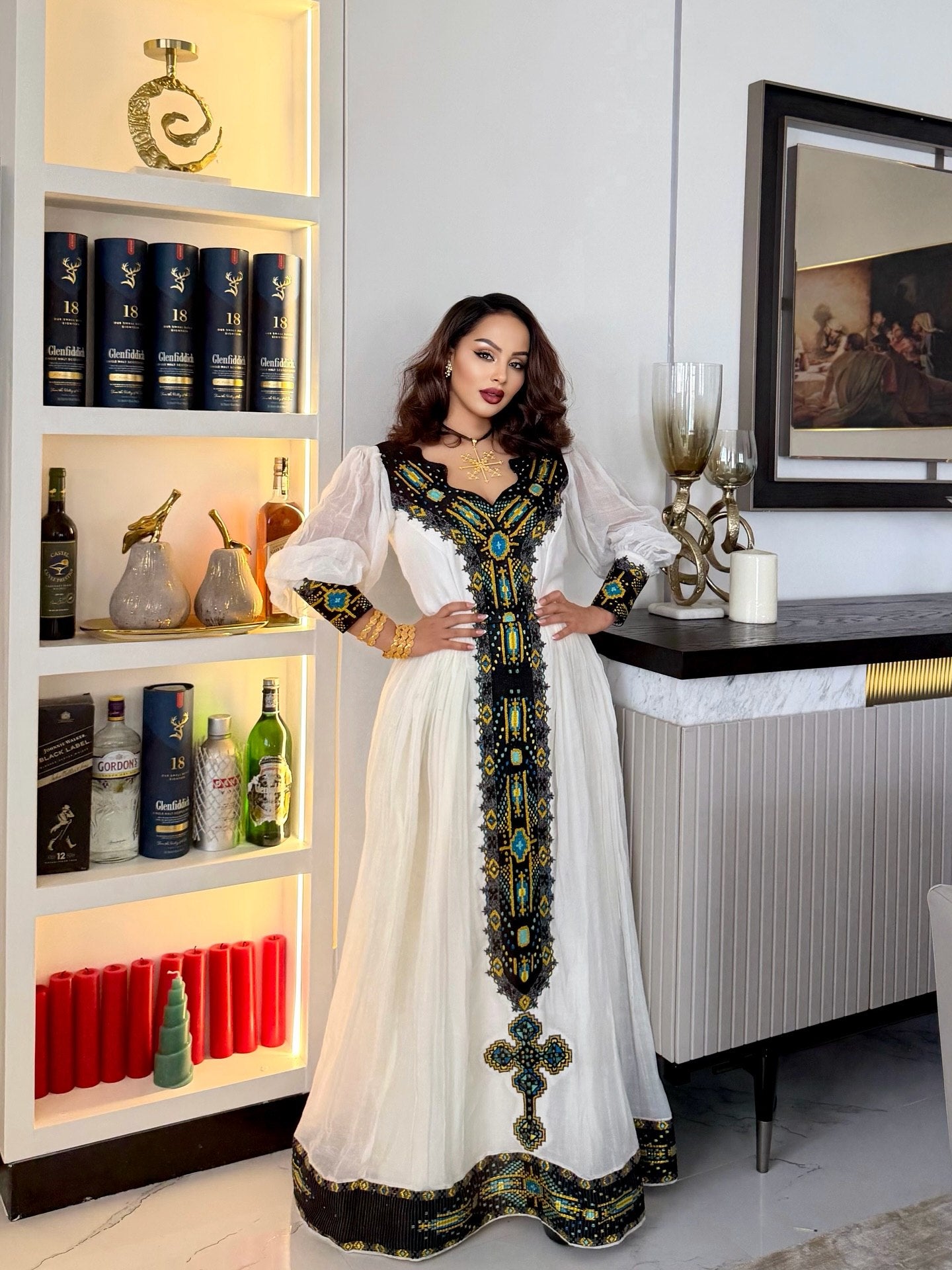White Habesha Dress with Black Embroidery Long Sleeve Ethiopian Kemis