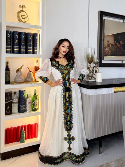 White Habesha Dress with Black Embroidery Long Sleeve Ethiopian Kemis