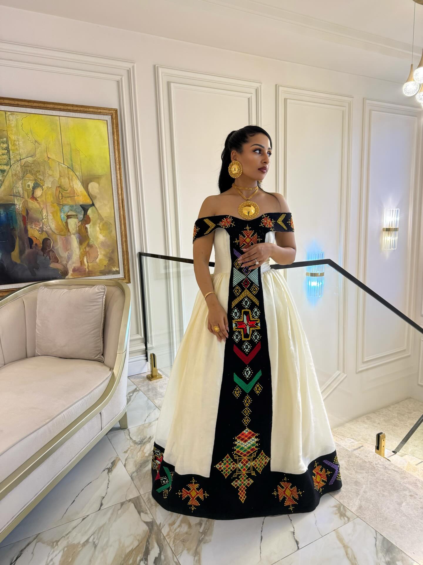 Off-Shoulder Habesha Dress with Black Panel and Multicolor Embroidery  Elegant Ethiopian Dress Festive Habesha Kemis 707