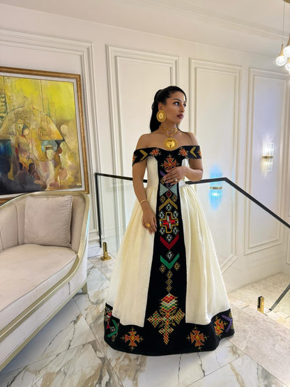 Off-Shoulder Habesha Dress with Black Panel and Multicolor Embroidery  Elegant Ethiopian Dress Festive Habesha Kemis 707