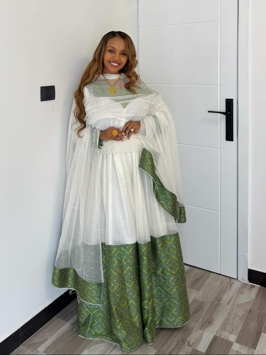Green Woven Habesha Dress Handmade Long Sleeve Ethiopian Clothing Timeless Habesha Kemis 710
