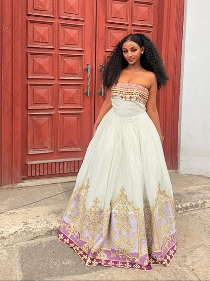 Charming Habesha Dress Strapless Pink Embroidery Habesha Kemis Ethiopian Traditional Wedding Dress 713