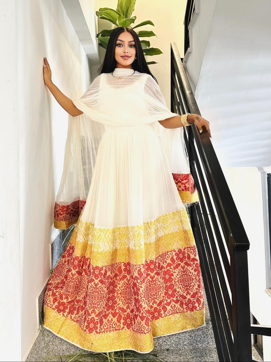 Yellow & Red Woven Habesha Kemis – Stunning Sleeveless Ethiopian Clothing