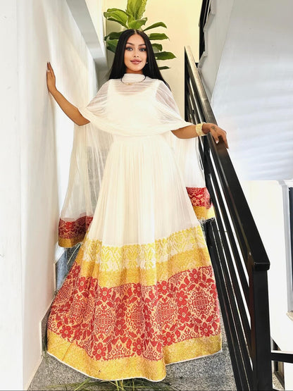 Yellow & Red Woven Habesha Kemis – Stunning Sleeveless Ethiopian Clothing