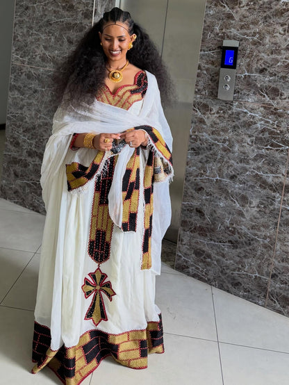 Golden & Black Embroidery Habesha Kemis Beautiful Ethiopian Clothing Graceful Habesha Dress 720