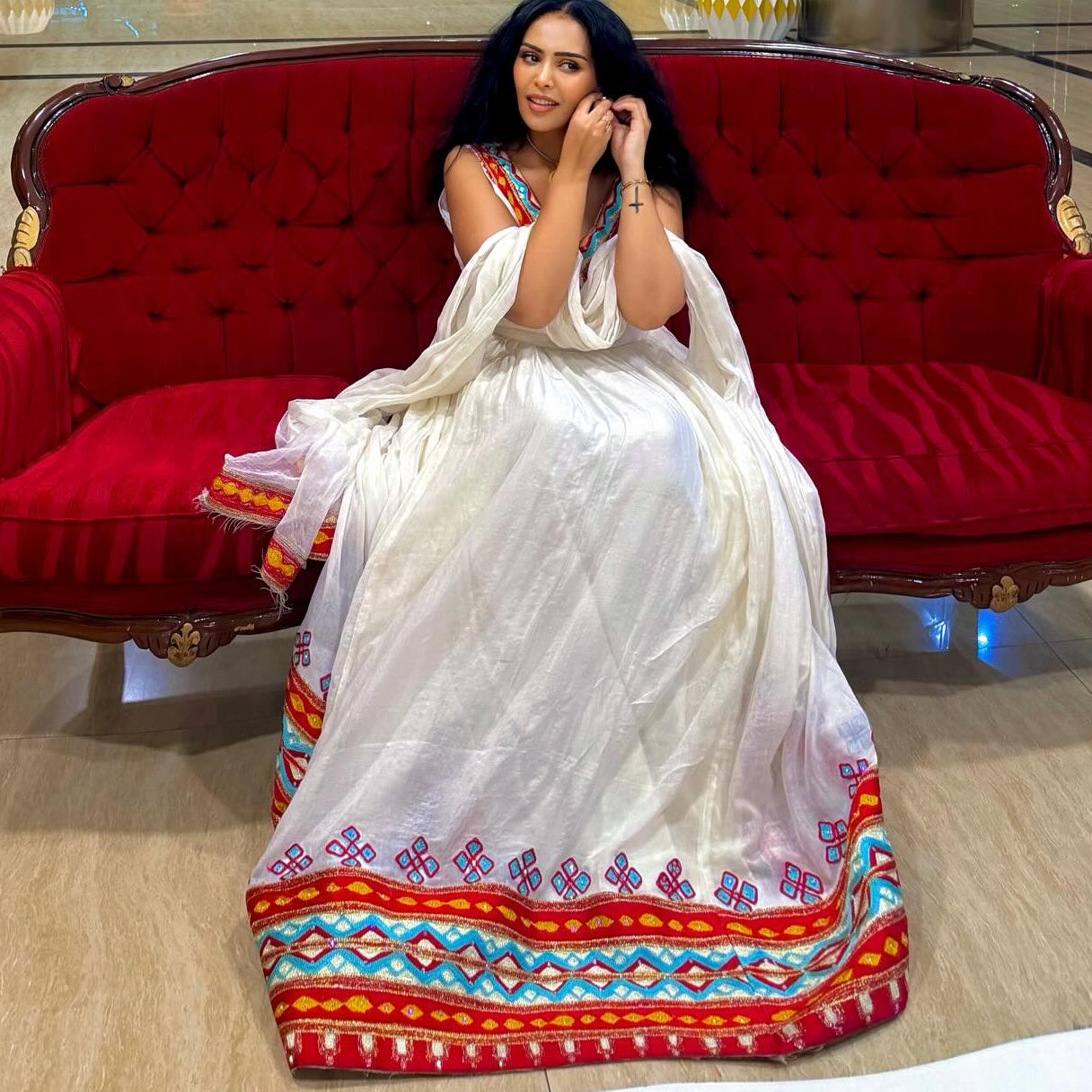 Sleeveless Habesha Kemis Graceful Habesha Dress Red Embroidery Ethiopian Clothing 729