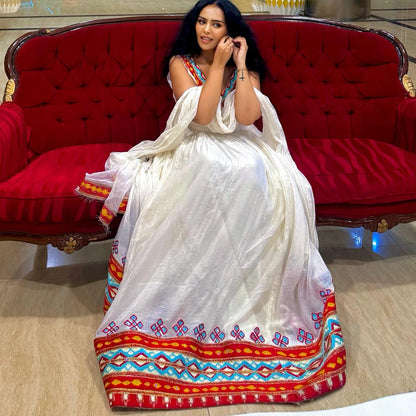 Sleeveless Habesha Kemis Graceful Habesha Dress Red Embroidery Ethiopian Clothing 729